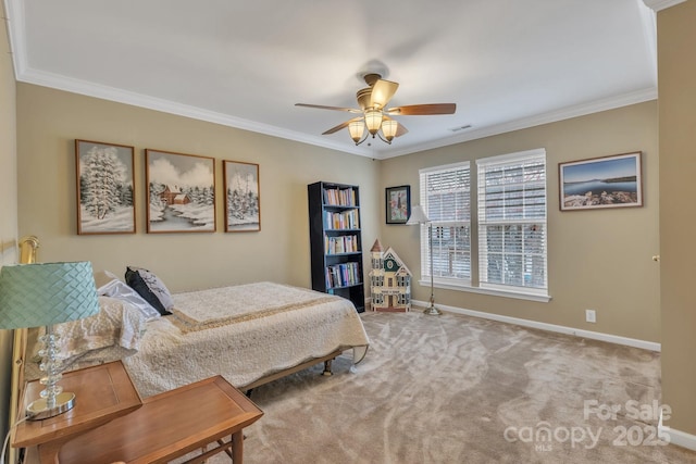 carpeted bedroom with visible vents, baseboards, and ornamental molding