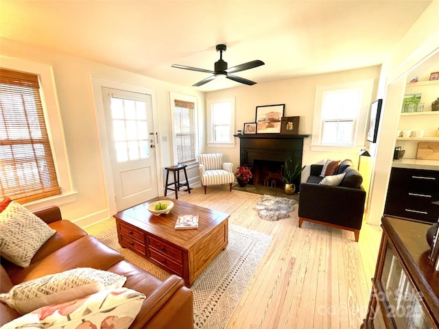 living room with ceiling fan and light wood-type flooring