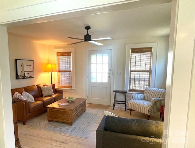 living room with light hardwood / wood-style flooring and ceiling fan