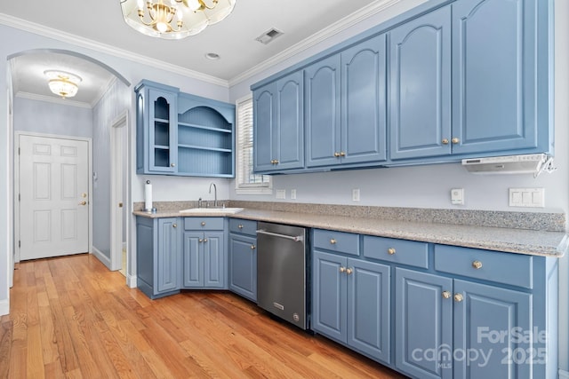 kitchen featuring blue cabinets, sink, ornamental molding, stainless steel dishwasher, and light hardwood / wood-style floors