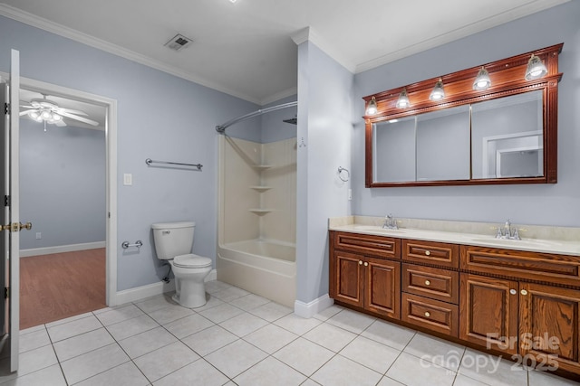 full bathroom featuring tile patterned flooring, vanity, ornamental molding, and toilet