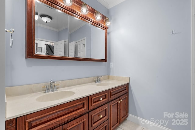 bathroom with vanity, tile patterned floors, and ornamental molding