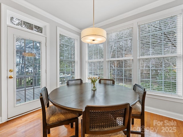 dining space featuring hardwood / wood-style flooring and crown molding