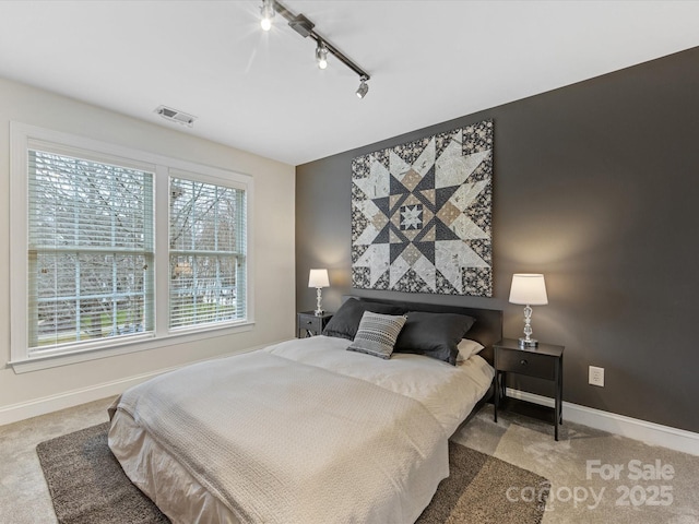 bedroom featuring track lighting and carpet