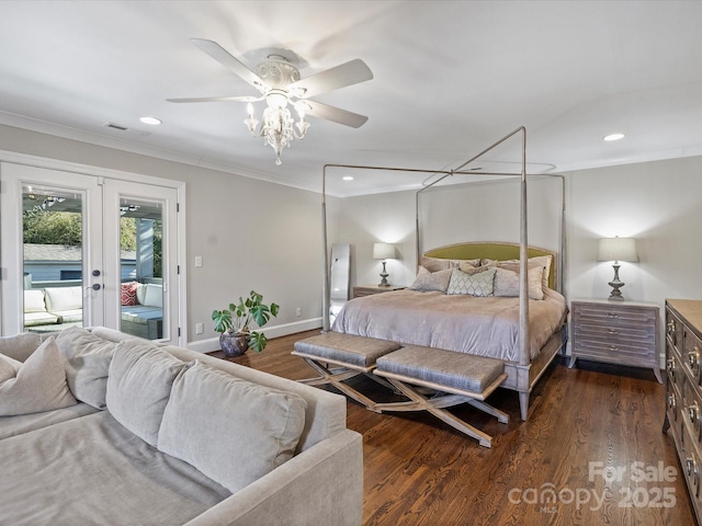 bedroom featuring french doors, ornamental molding, access to outside, ceiling fan, and dark hardwood / wood-style floors