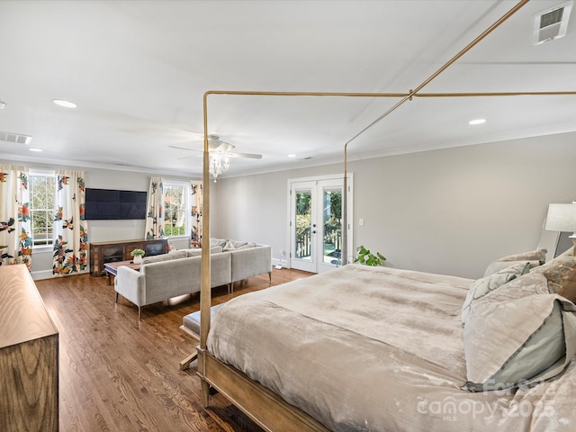 bedroom featuring wood-type flooring, french doors, access to exterior, ceiling fan, and crown molding