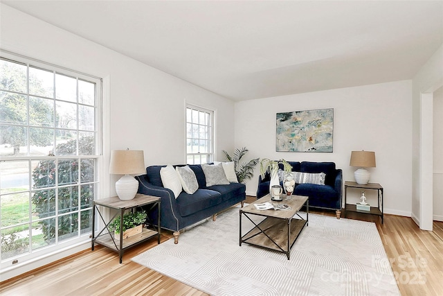 living area with light wood finished floors and baseboards