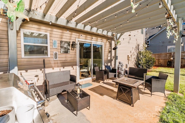 view of patio with a pergola and an outdoor living space with a fire pit