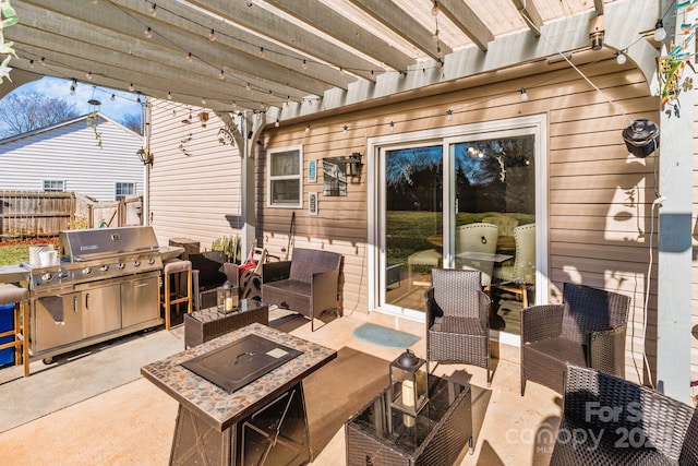 view of patio with area for grilling, an outdoor living space with a fire pit, grilling area, and a pergola