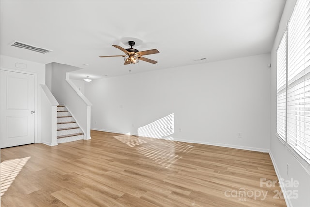 unfurnished living room with light hardwood / wood-style flooring and ceiling fan