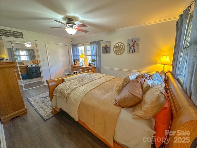 bedroom featuring dark wood-type flooring, crown molding, and ceiling fan