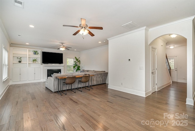 living room with wood-type flooring and plenty of natural light