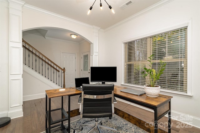 office space with crown molding and dark hardwood / wood-style flooring