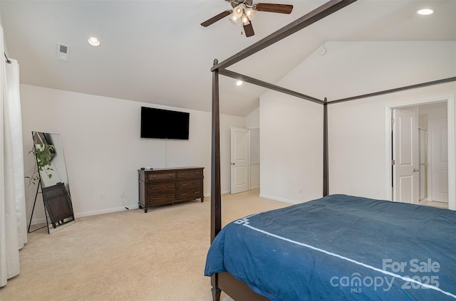 bedroom featuring lofted ceiling, light colored carpet, and ceiling fan