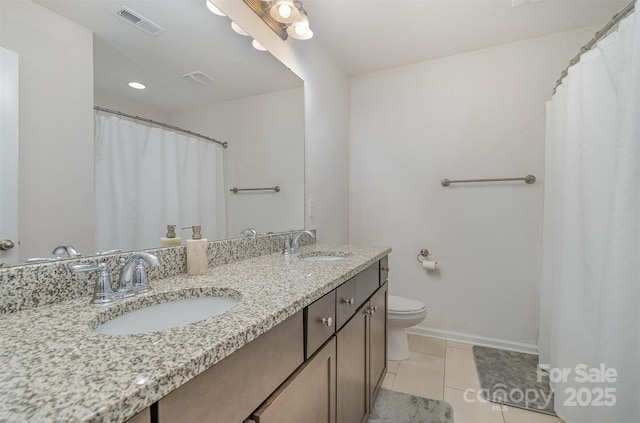 bathroom with vanity, tile patterned floors, and toilet