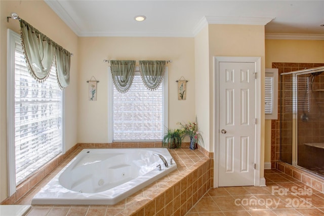 bathroom featuring a wealth of natural light, crown molding, and tile patterned flooring