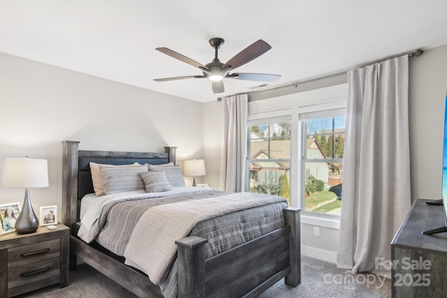 bedroom featuring ceiling fan and carpet flooring