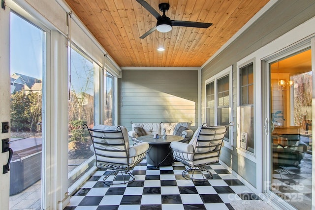 sunroom / solarium featuring wooden ceiling and ceiling fan