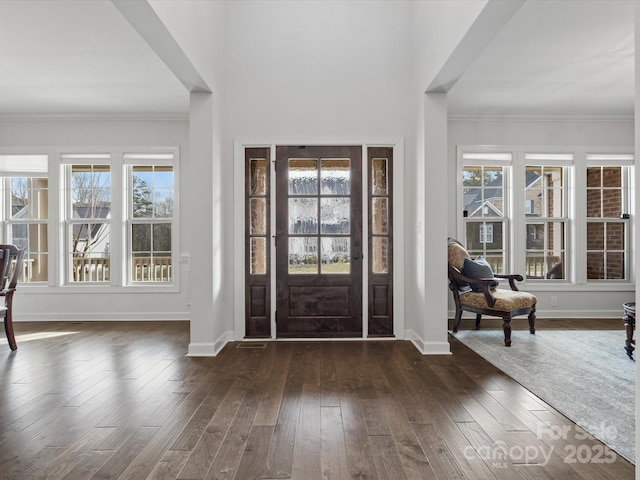 entrance foyer featuring dark wood-type flooring, ornamental molding, and plenty of natural light