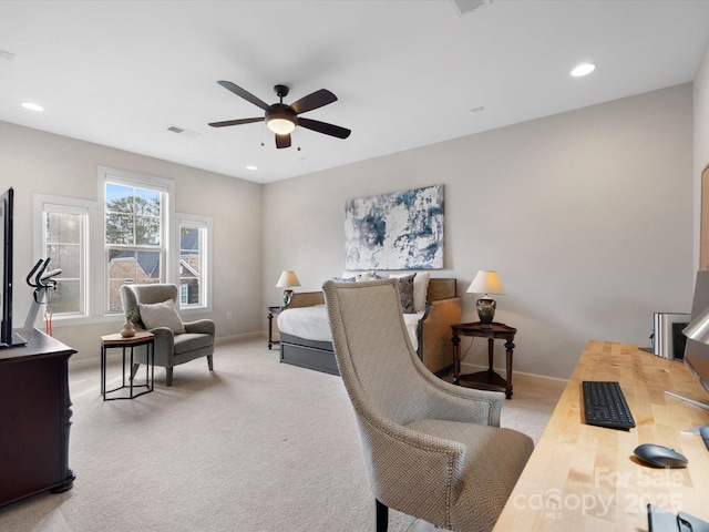 bedroom featuring carpet floors and ceiling fan