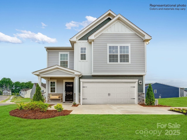 craftsman house with a garage, a front yard, and a porch