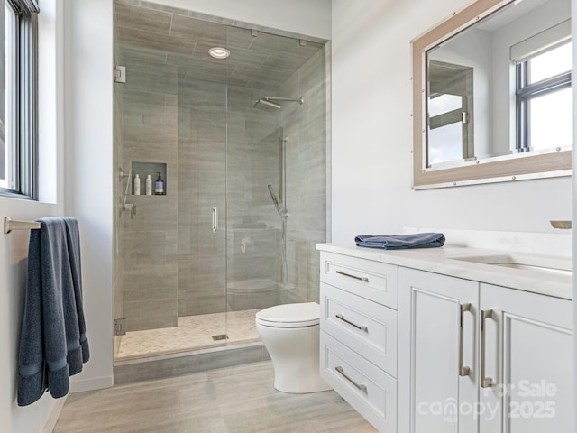 bathroom with vanity, toilet, and a shower with shower door