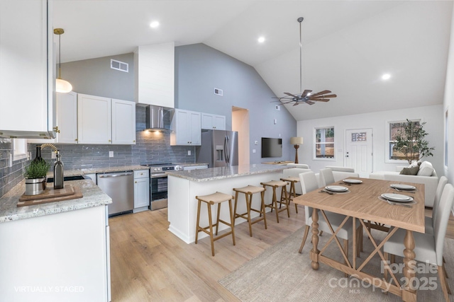 kitchen with pendant lighting, backsplash, white cabinets, a kitchen island, and stainless steel appliances