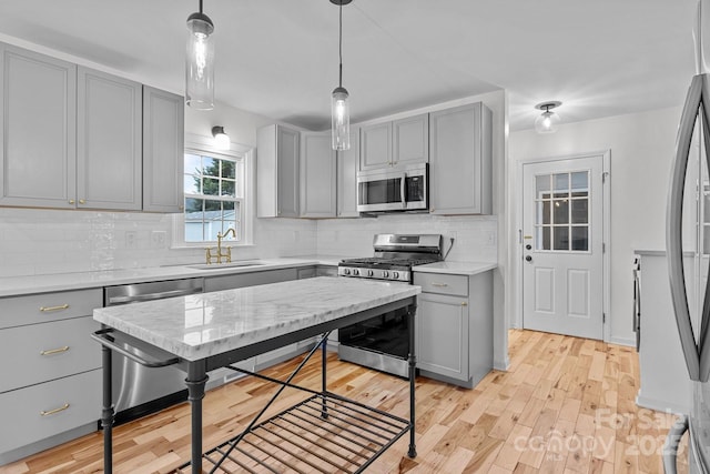 kitchen with sink, gray cabinetry, and stainless steel appliances