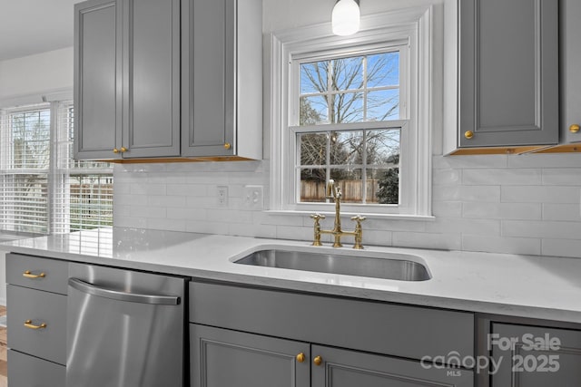 kitchen with sink, gray cabinetry, and stainless steel dishwasher