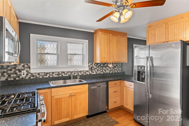 kitchen featuring crown molding, light hardwood / wood-style floors, appliances with stainless steel finishes, decorative backsplash, and sink