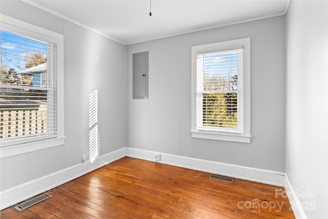 empty room featuring wood-type flooring, electric panel, and ornamental molding