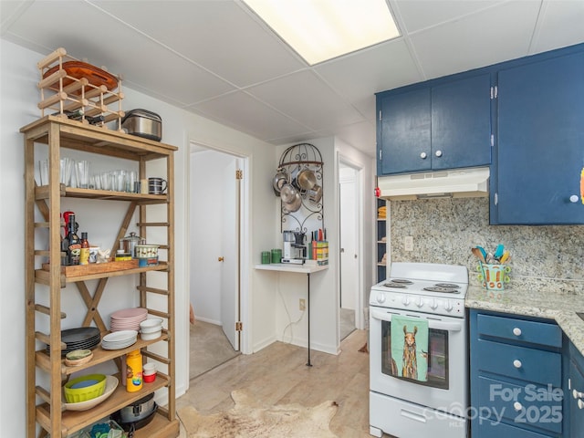 kitchen with electric stove, decorative backsplash, blue cabinetry, and a drop ceiling