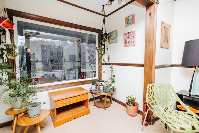 sitting room with ornamental molding and baseboards