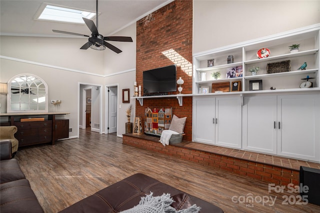 living room featuring ceiling fan, high vaulted ceiling, and dark hardwood / wood-style flooring