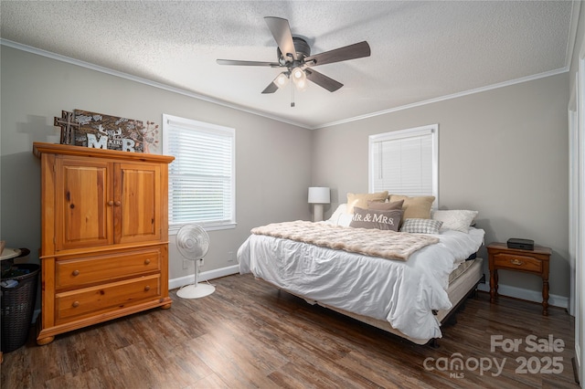 bedroom with ceiling fan, crown molding, dark hardwood / wood-style flooring, and a textured ceiling