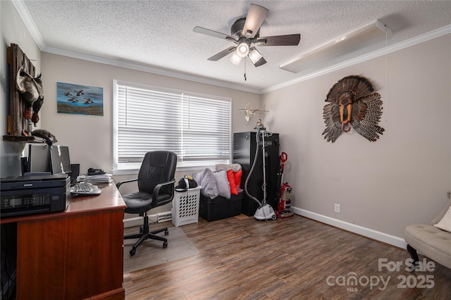 home office with crown molding, a textured ceiling, dark hardwood / wood-style floors, and ceiling fan