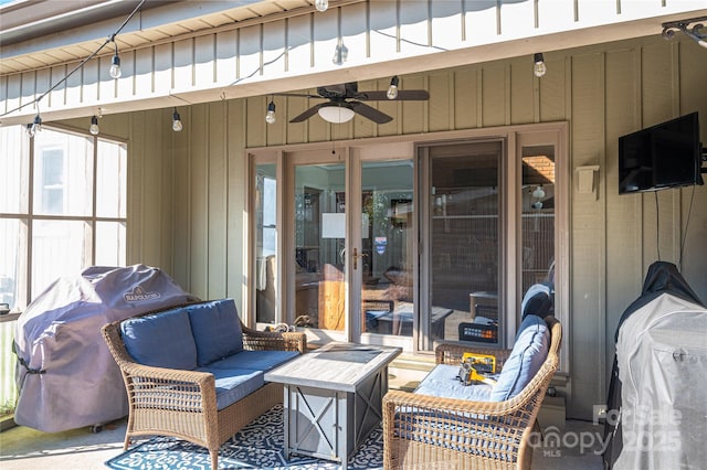 view of patio with ceiling fan and an outdoor hangout area