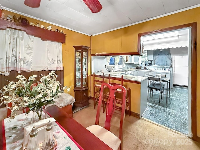 kitchen with ornamental molding, a peninsula, white appliances, and carpet