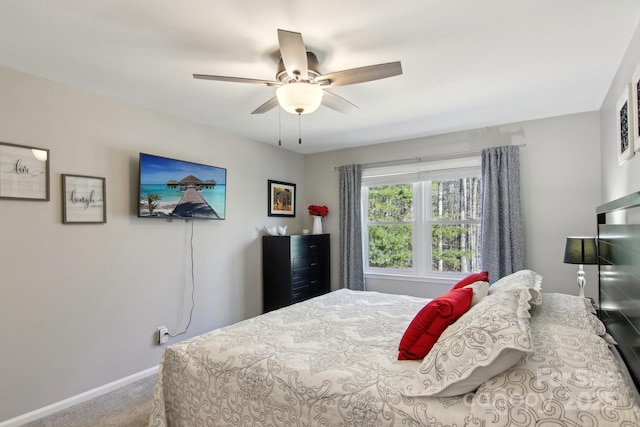 bedroom with ceiling fan and carpet