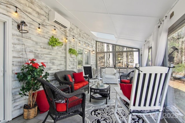 sunroom / solarium featuring lofted ceiling and a wall mounted AC