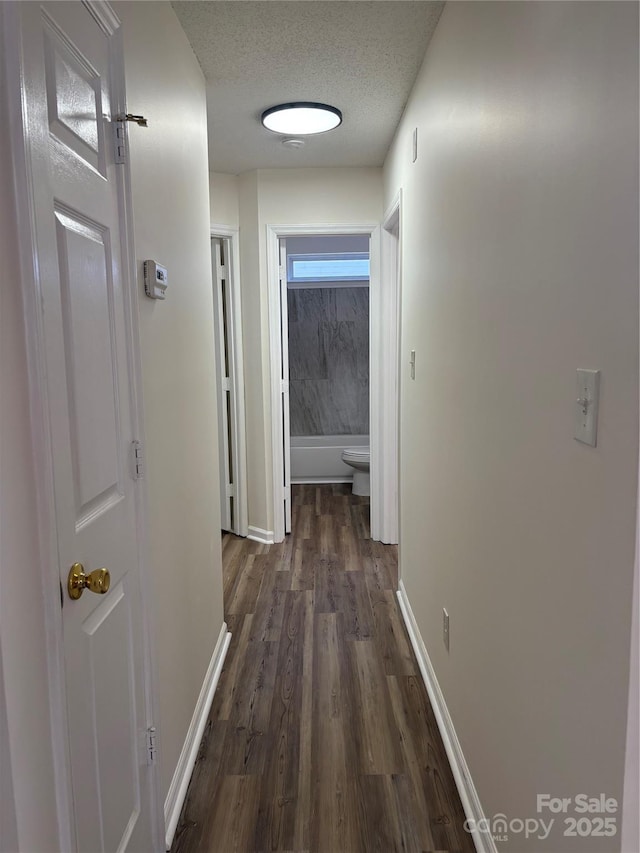 hallway with dark hardwood / wood-style floors and a textured ceiling