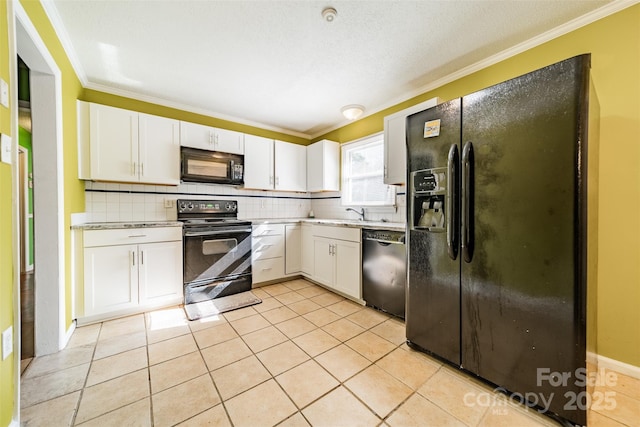 kitchen featuring white cabinetry, backsplash, ornamental molding, black appliances, and light tile patterned flooring