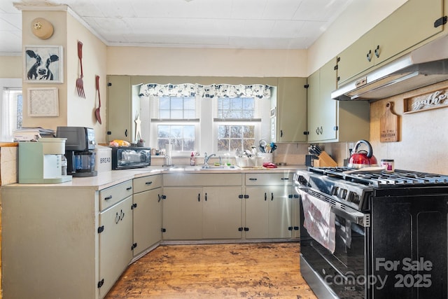 kitchen with stainless steel gas stove, sink, light wood-type flooring, and ornamental molding