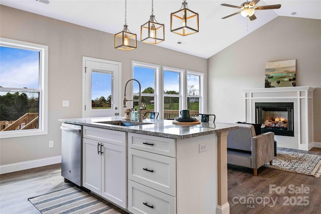 25 Amys Way, Black Mountain, NC 28711 - kitchen featuring stainless steel dishwasher, wood finished floors, ceiling fan, and vaulted ceiling