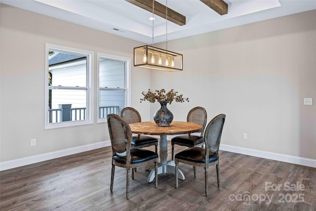 25 Amys Way, Black Mountain, NC 28711 - dining space featuring beamed ceiling, dark wood-style flooring, a chandelier, and baseboards