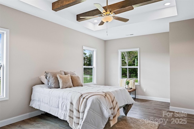 25 Amys Way, Black Mountain, NC 28711 - bedroom featuring wood finished floors, baseboards, recessed lighting, beamed ceiling, and a ceiling fan