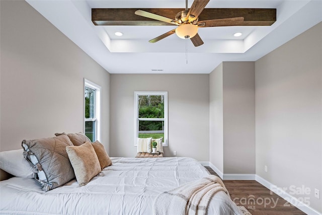 25 Amys Way, Black Mountain, NC 28711 - bedroom with wood finished floors, baseboards, a raised ceiling, recessed lighting, and a ceiling fan