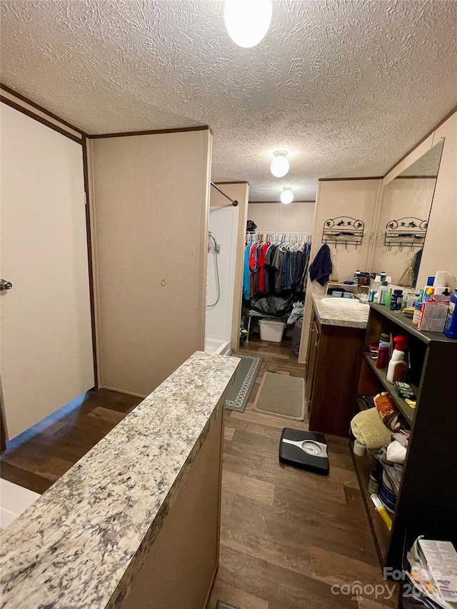 interior space with wood-type flooring, a shower, vanity, and a textured ceiling