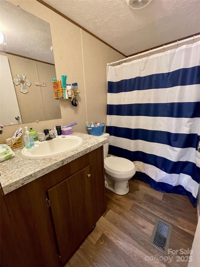 bathroom featuring wood-type flooring, vanity, a textured ceiling, and toilet