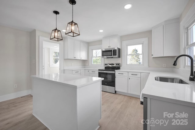 kitchen with white cabinets, stainless steel appliances, a kitchen island, and sink